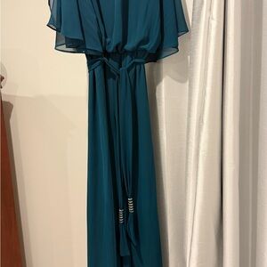 Women's Teal Chiffon Maxi Dress with Belted Waist